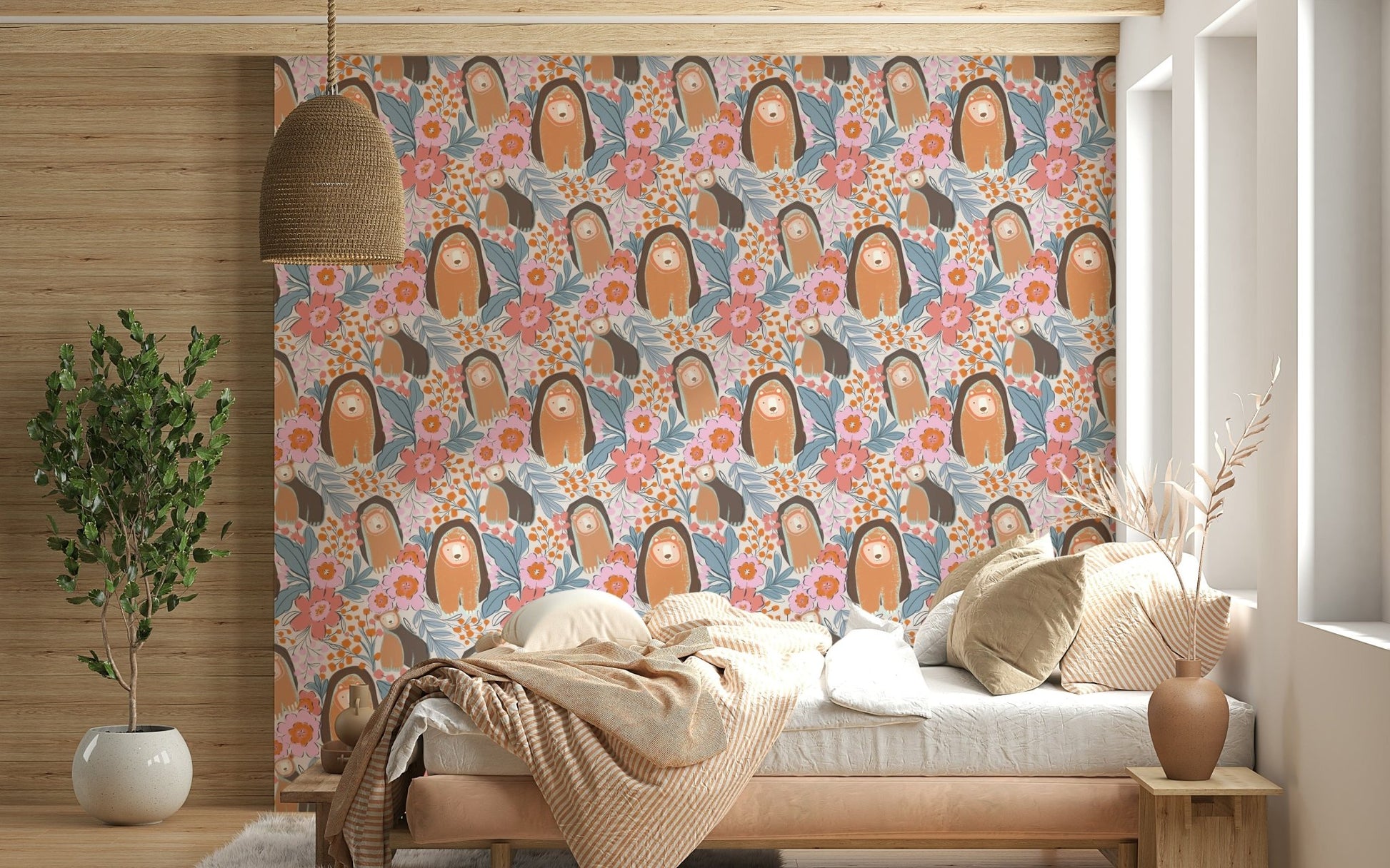 Playroom wall decor with bear den florals, modern pastel color wallpaper