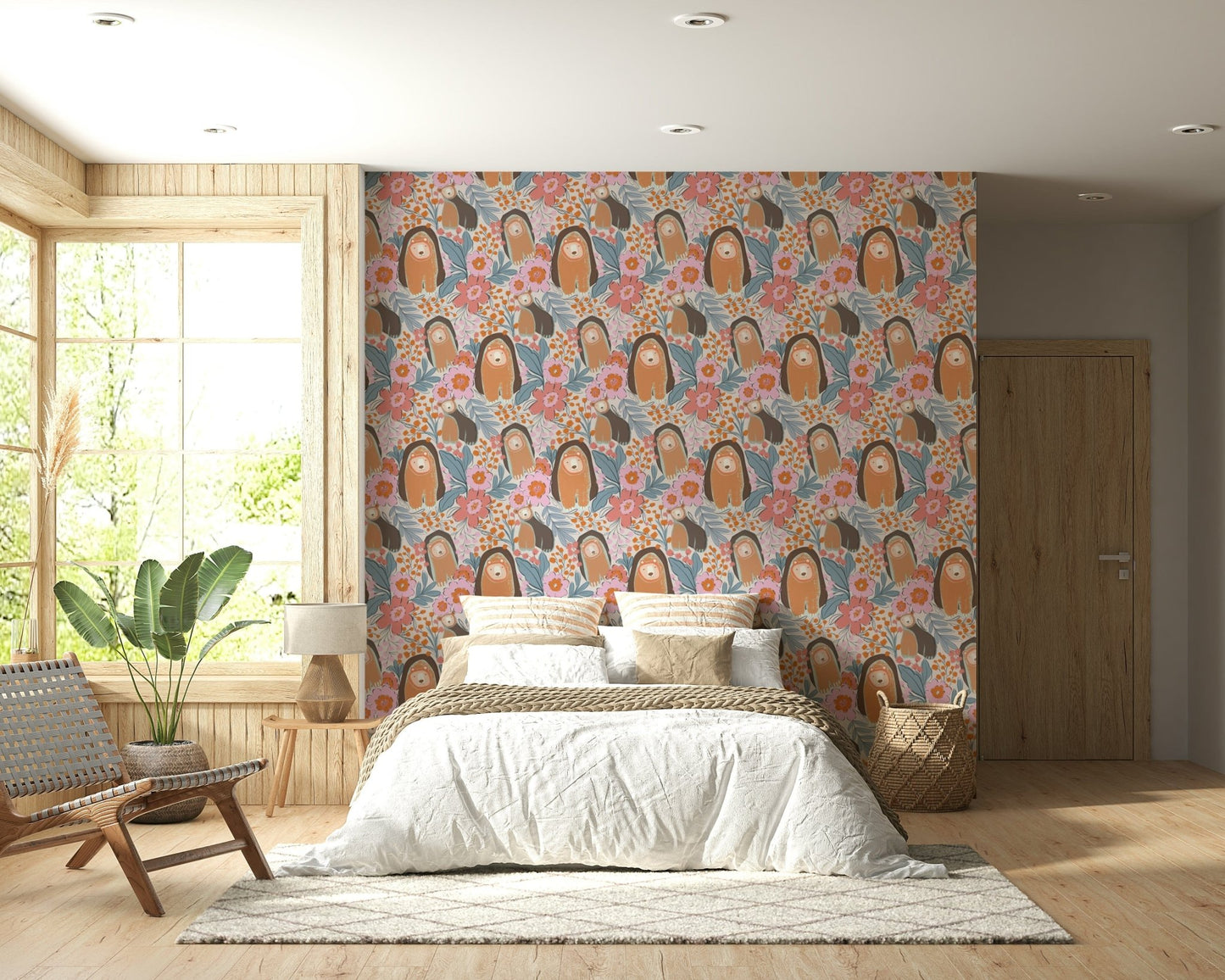 Kids room accent wall with bear cubs and flowers, modern soft color design