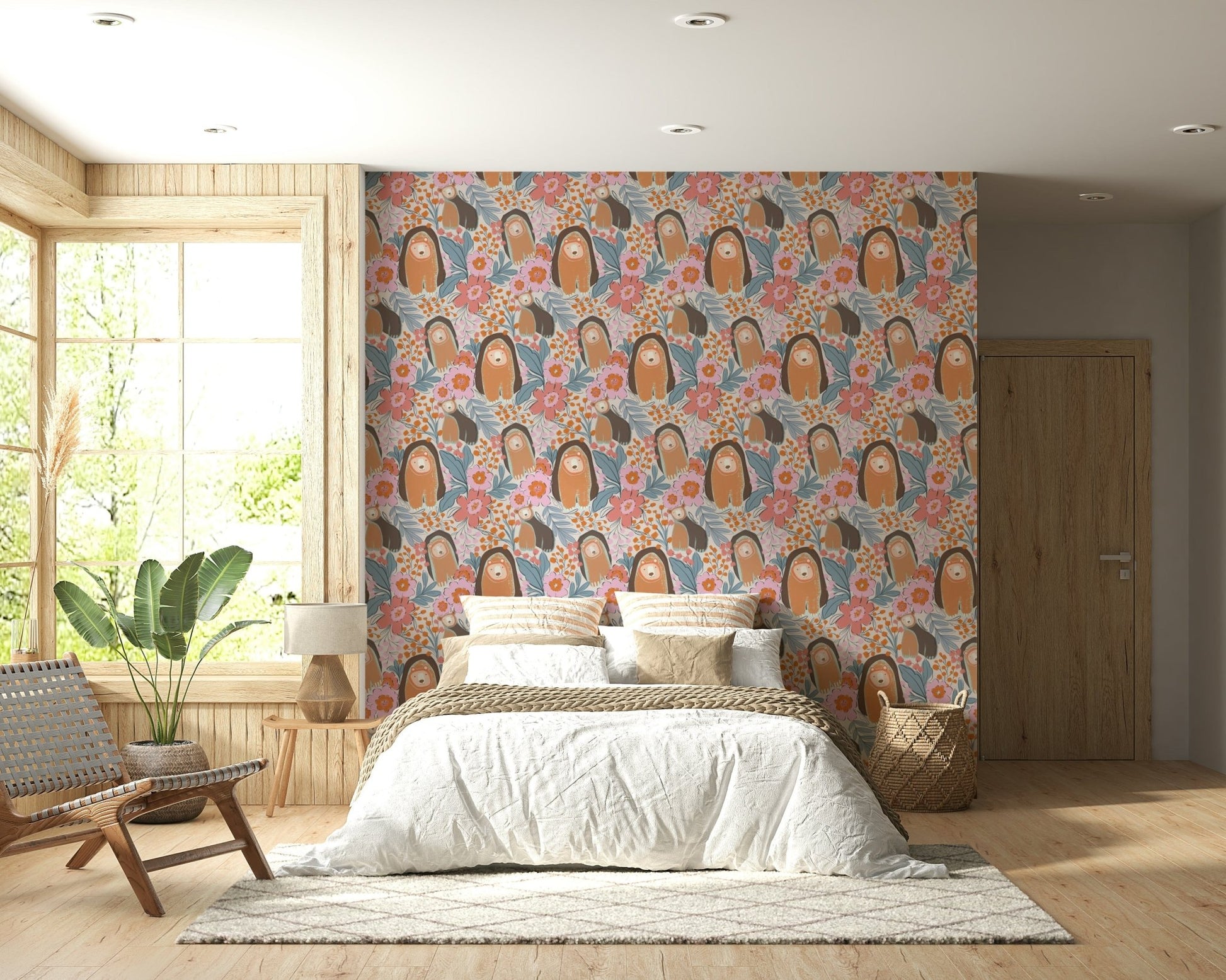 Kids room accent wall with bear cubs and flowers, modern soft color design