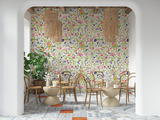 Whimsical floral wallpaper with lively bees and meadow blossoms.