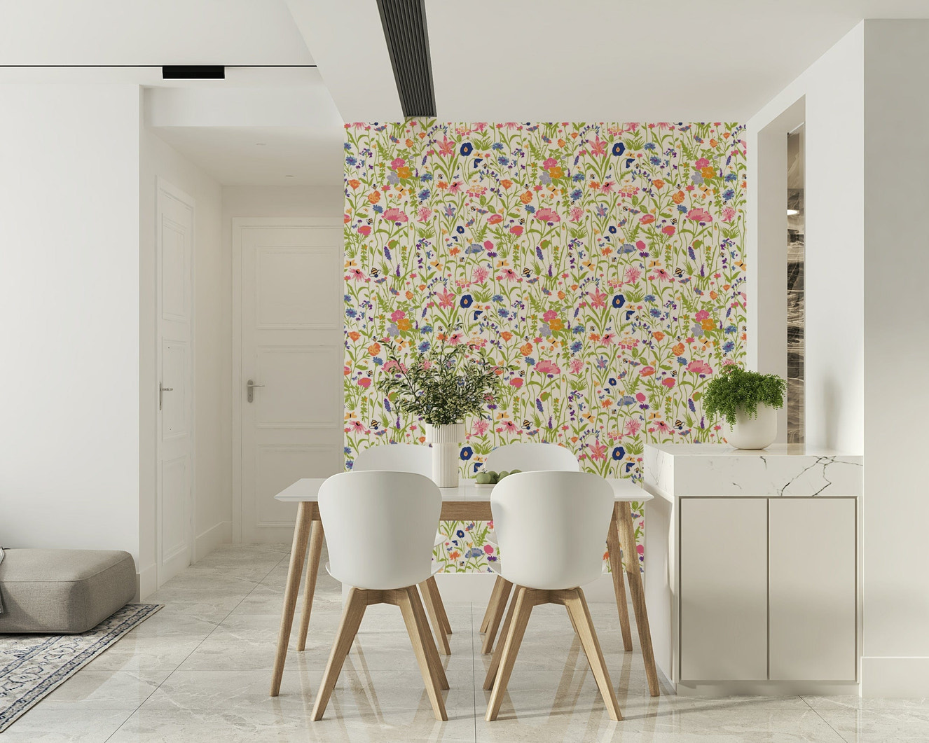 Meadow Blooms & Bees Wallpaper featuring vibrant wildflowers and buzzing bees in a whimsical design.