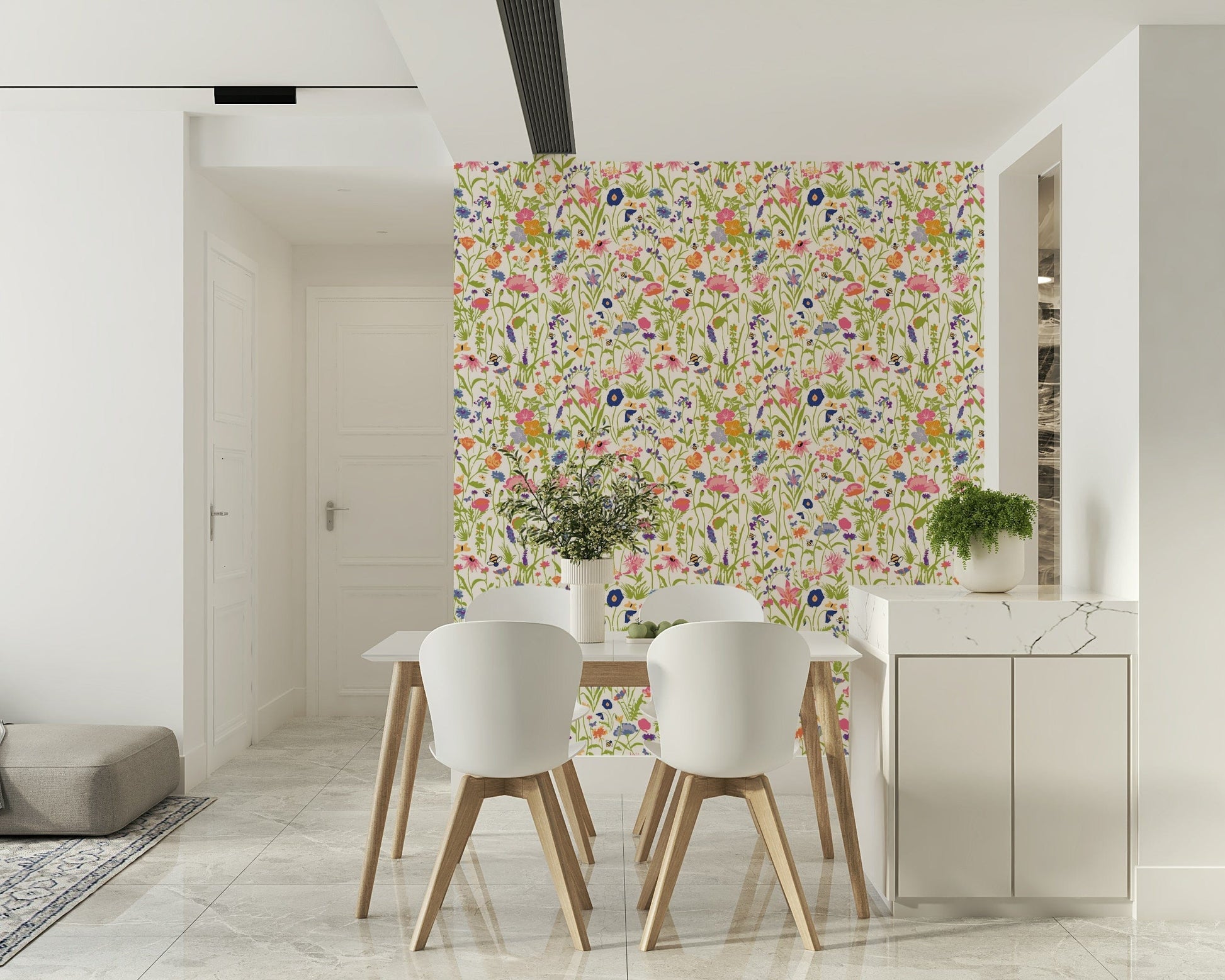 Meadow Blooms & Bees Wallpaper featuring vibrant wildflowers and buzzing bees in a whimsical design.