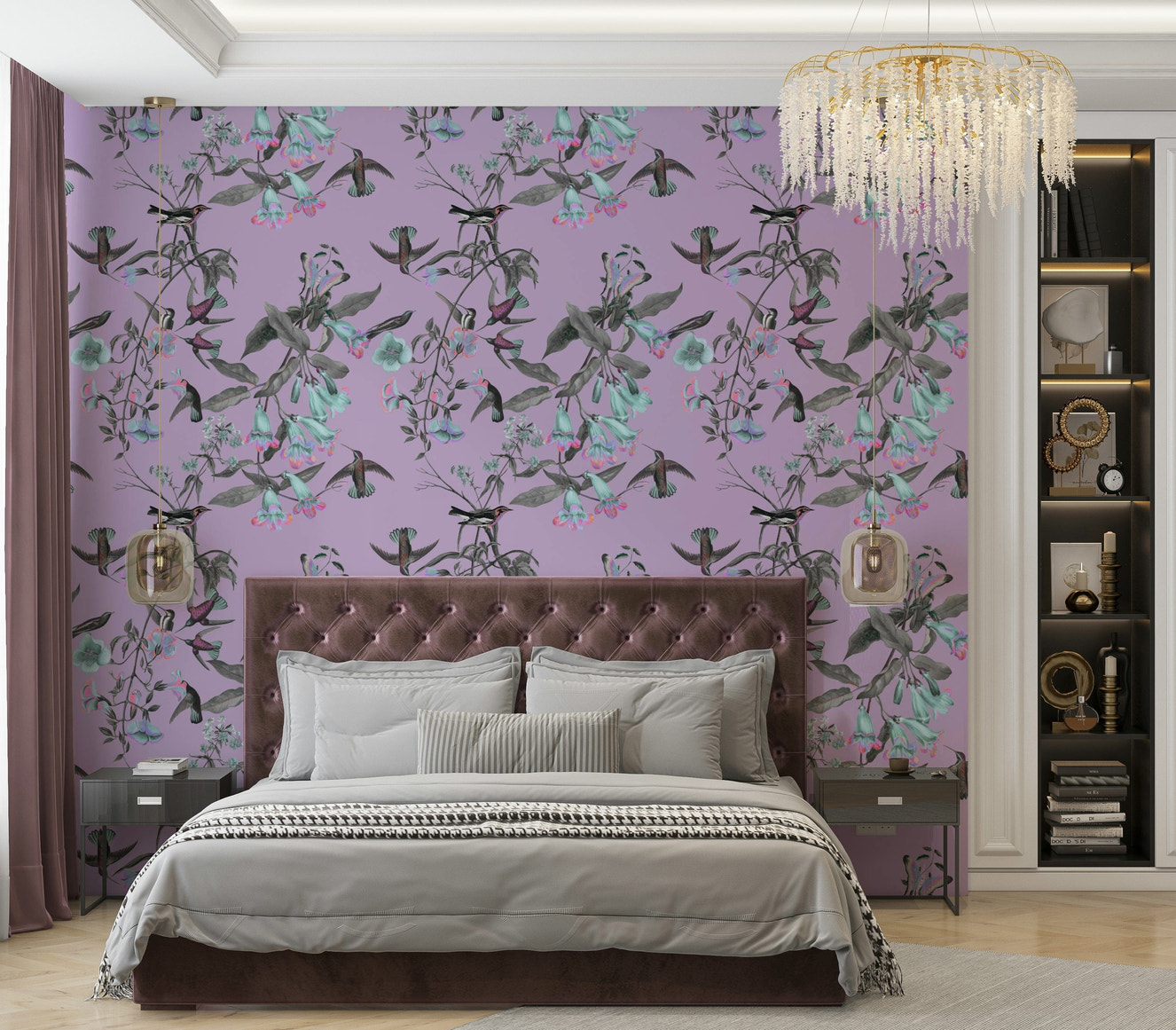 A contemplative flower and bird wallpaper mural for a feature wall.

