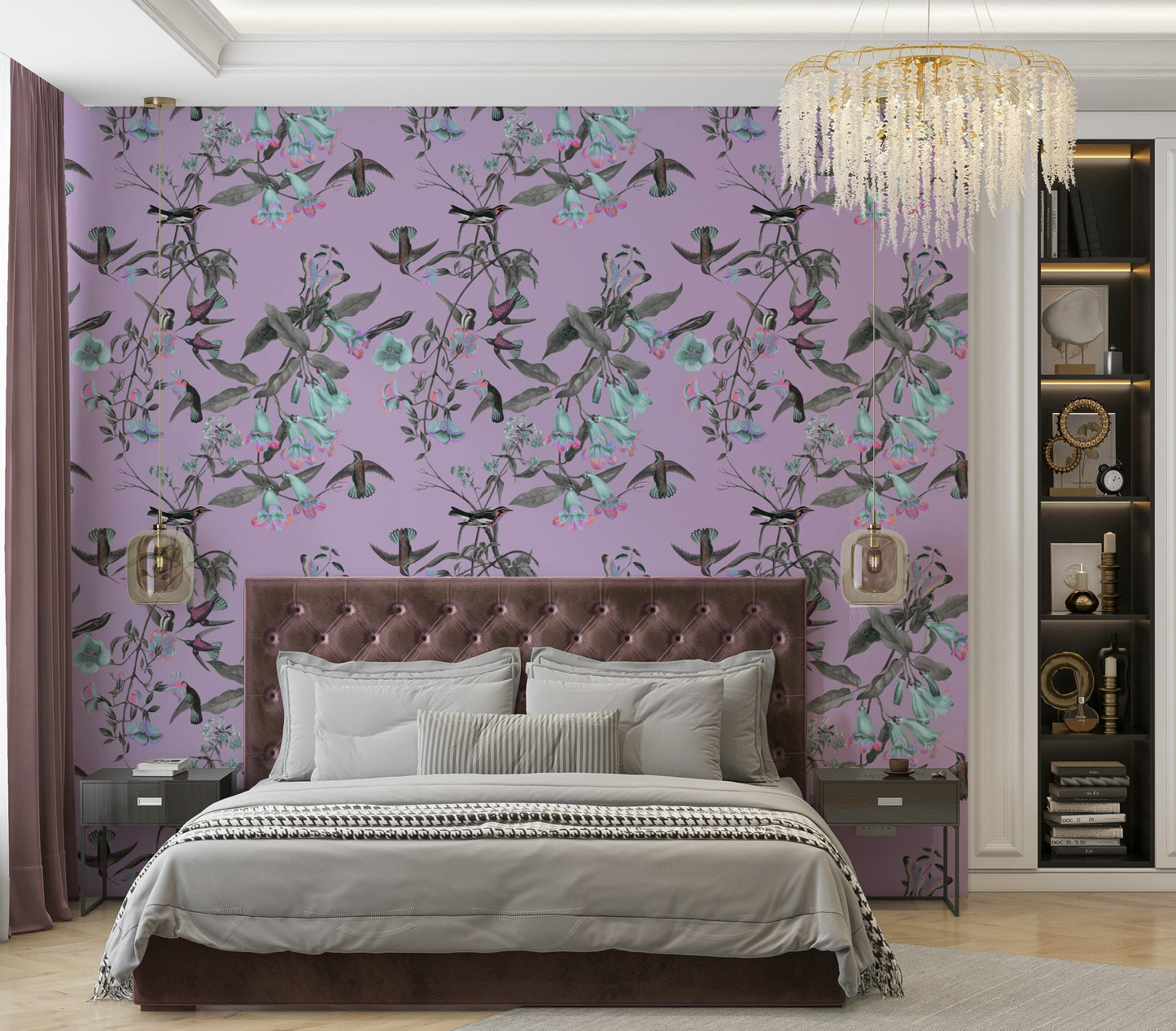 A contemplative flower and bird wallpaper mural for a feature wall.


