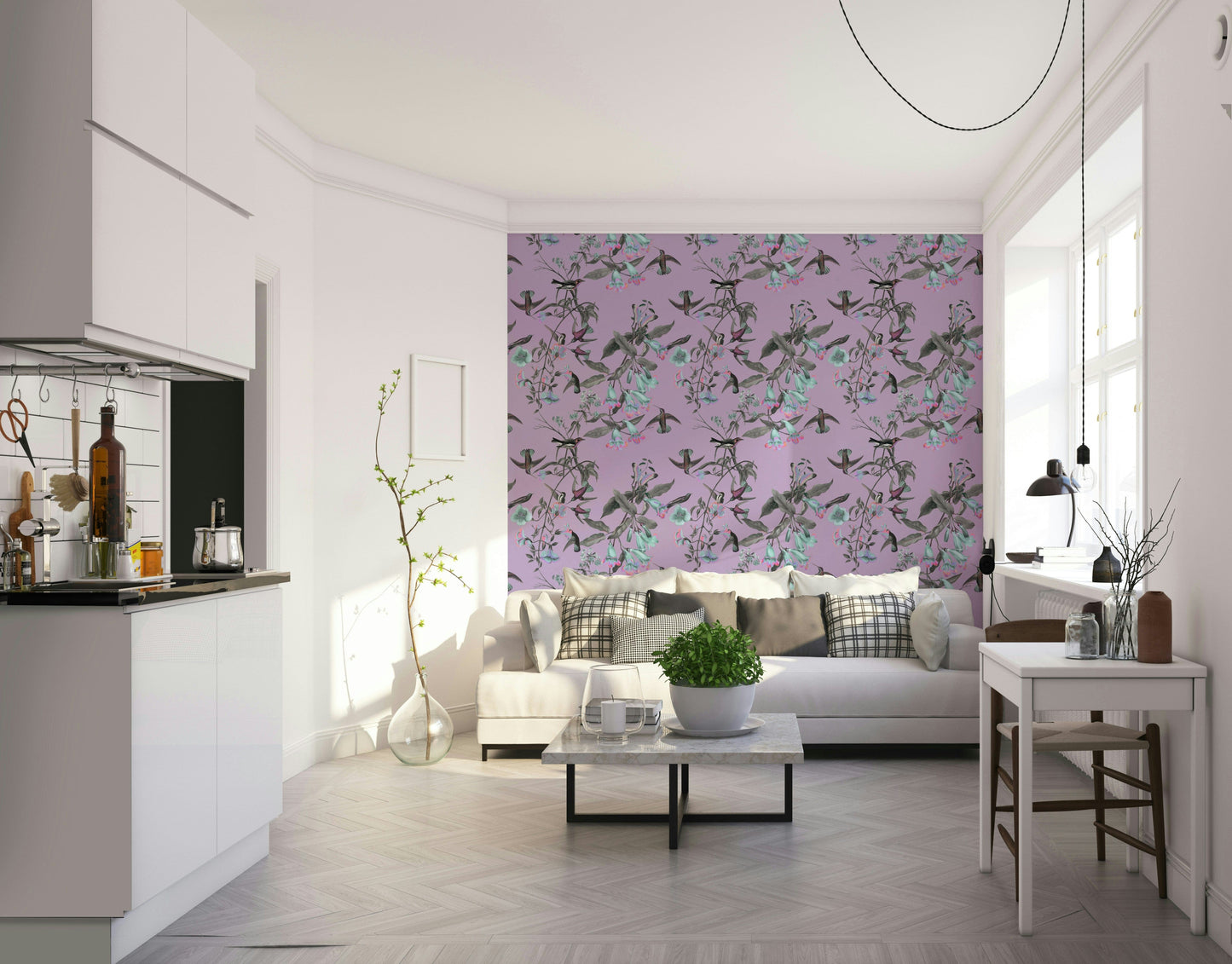 An artistic exotic aviary mural on luxury wallpaper.

