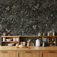 Artistic wall mural blending nocturnal birds with delicate botanical blooms