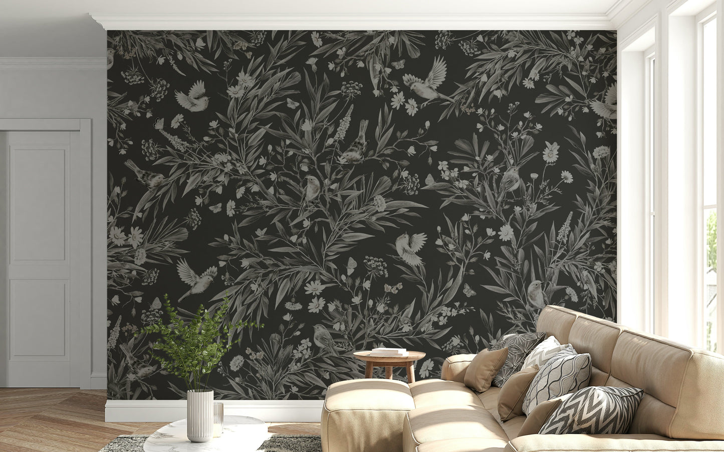 Tranquil night garden mural of songbirds surrounded by flowers in muted tones