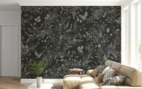 Tranquil night garden mural of songbirds surrounded by flowers in muted tones