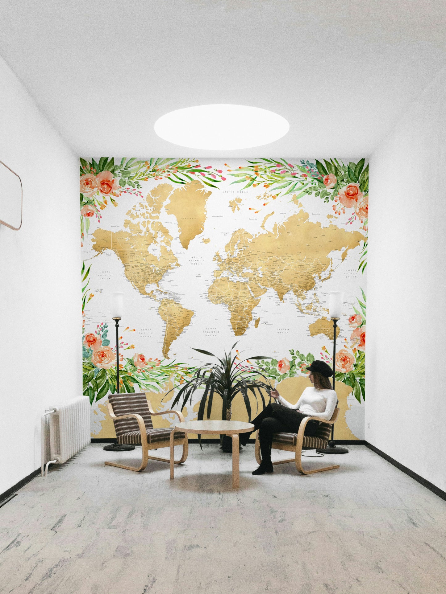 Bohemian global map with pink and green floral accents

