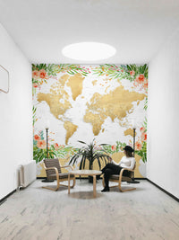 Bohemian global map with pink and green floral accents

