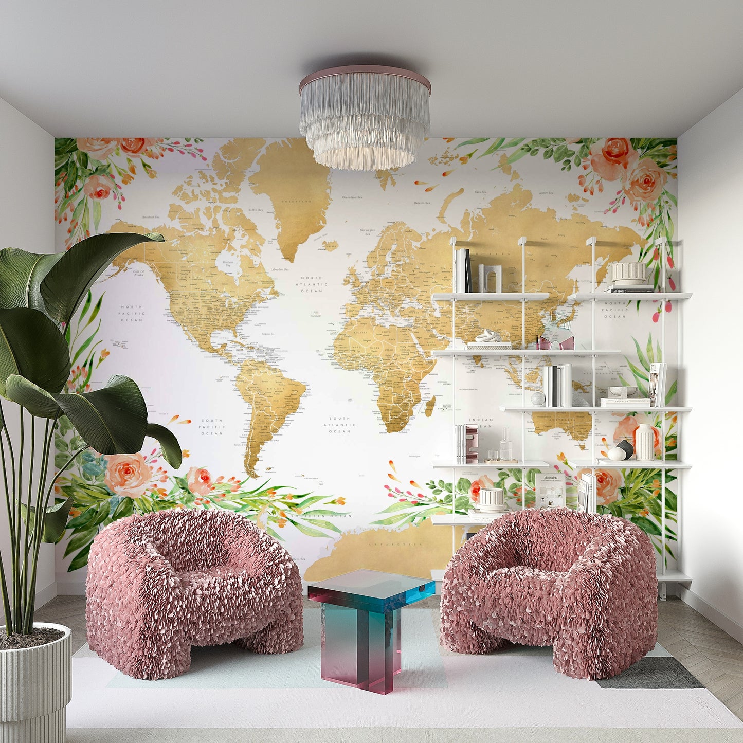 Peel and stick floral boho map wallpaper for bedrooms


