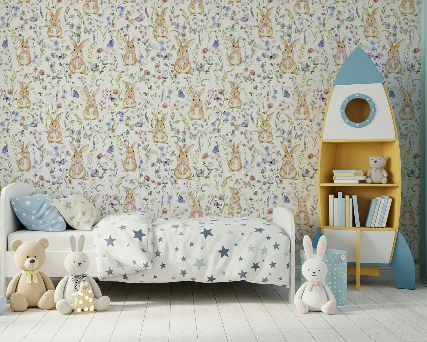 Watercolor Floral Bunny Bliss for walls, gentle rabbit pattern, nursery decor.