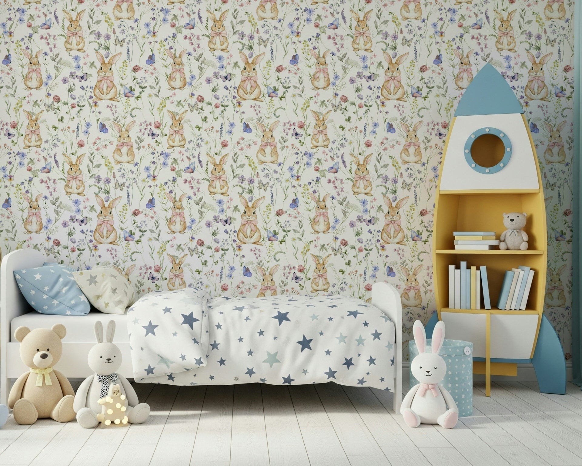 Watercolor Floral Bunny Bliss for walls, gentle rabbit pattern, nursery decor.