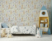 Watercolor Floral Bunny Bliss for walls, gentle rabbit pattern, nursery decor.