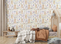 Soft aesthetic wall covering, Floral Bunny Bliss, pink bows on fluffy animals.