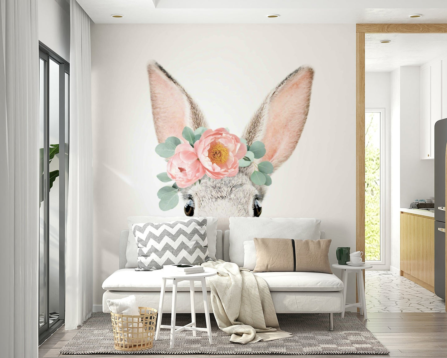 Focus on the bunny's expression and the variety of flowers.

