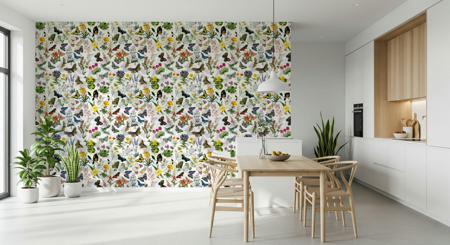 Artistic hand drawn Fluttering Blooms wall mural showing diverse species.