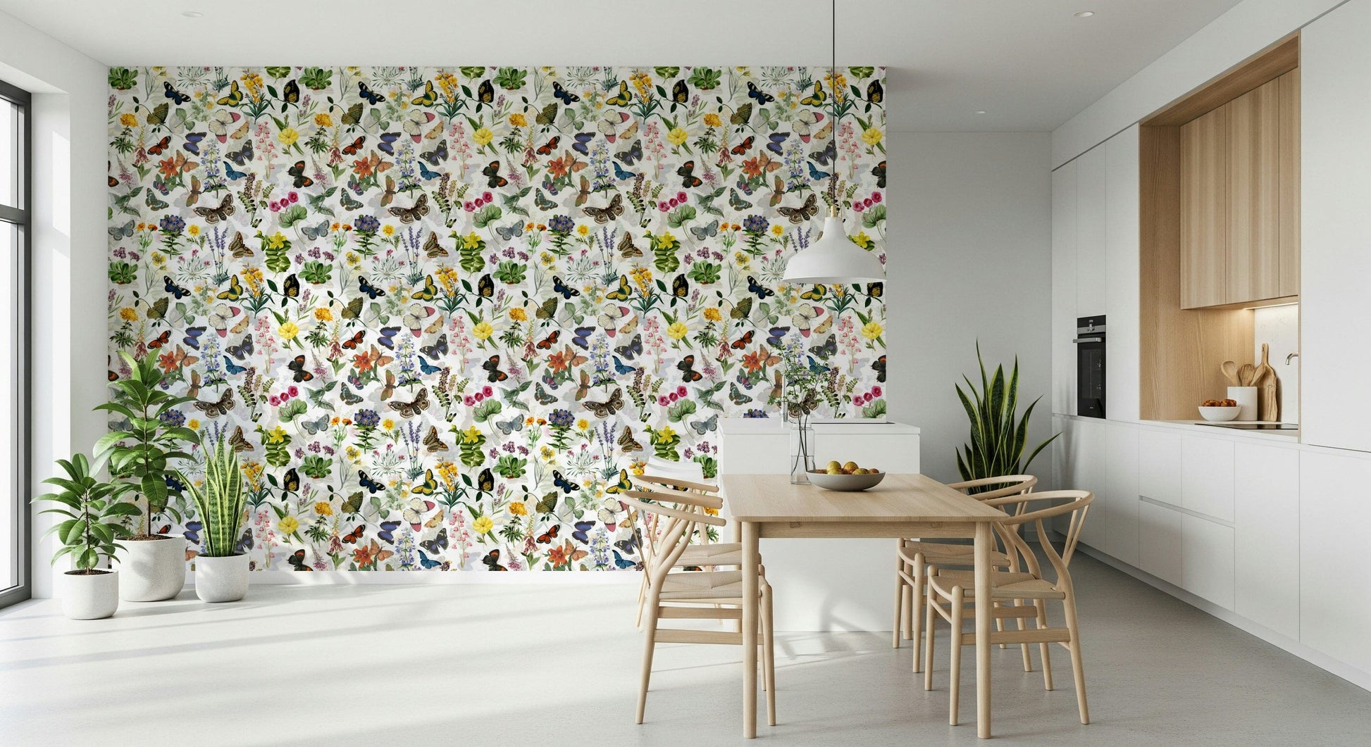 Artistic hand drawn Fluttering Blooms wall mural showing diverse species.