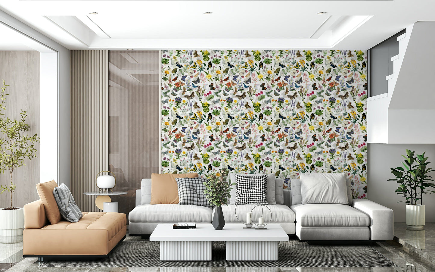 Springtime garden scene Fluttering Blooms wallpaper with flying insects.