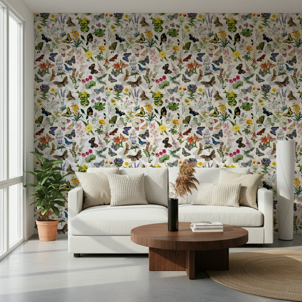 Retro scientific drawing Fluttering Blooms wall mural on white backdrop.