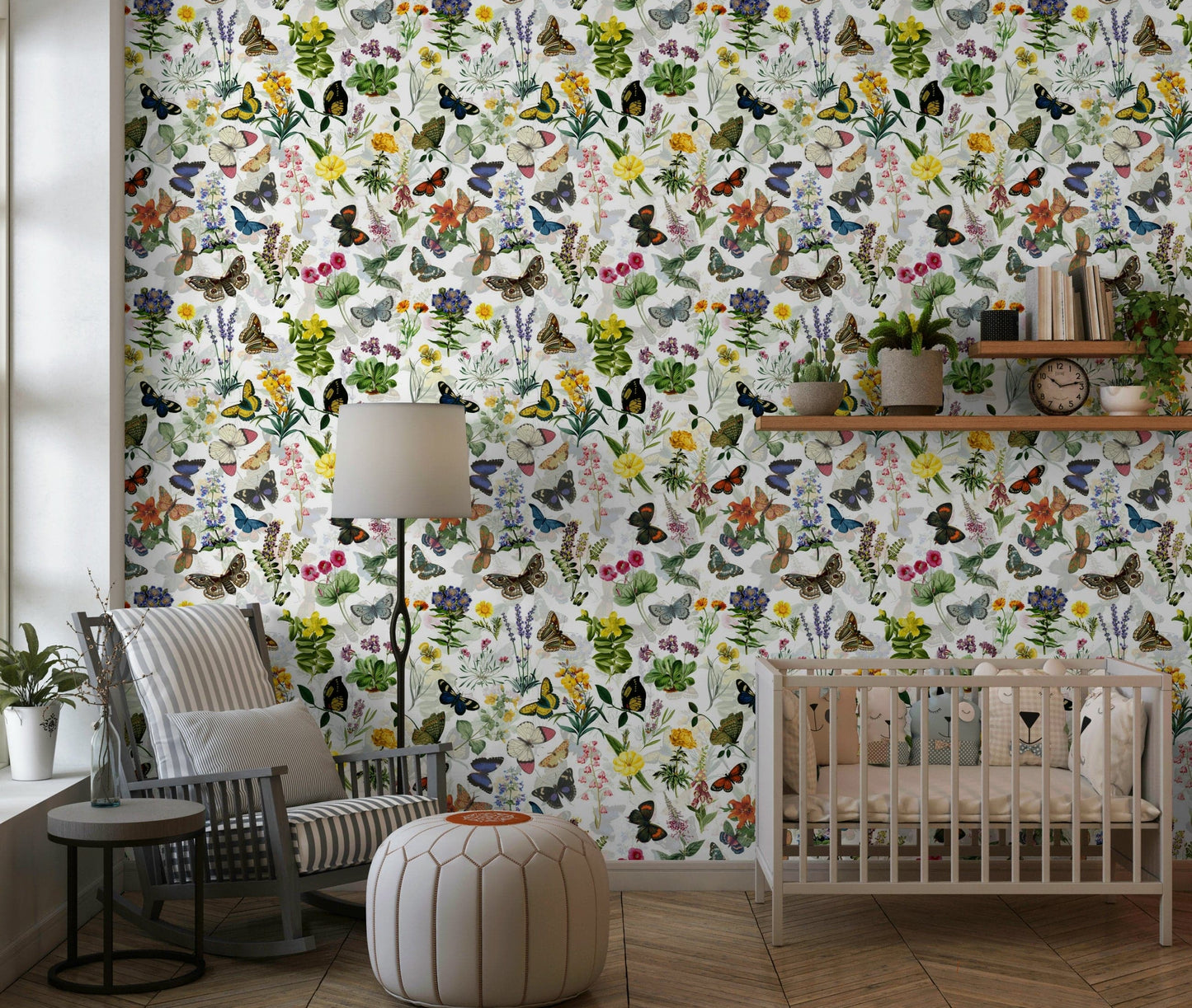 Colorful monarch and swallowtail Fluttering Blooms wall mural design.