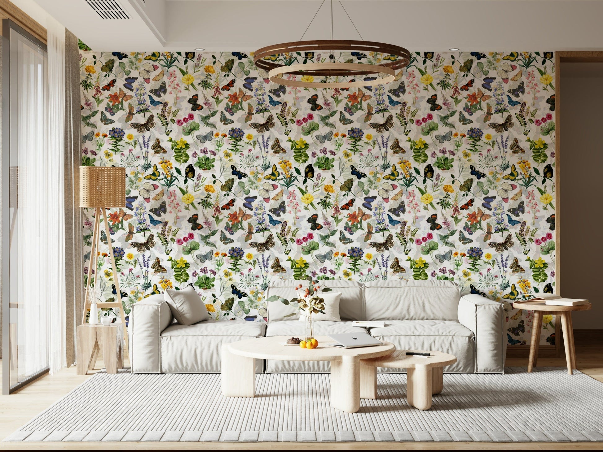 Vintage botanical Fluttering Blooms wall mural displaying detailed insect illustrations.