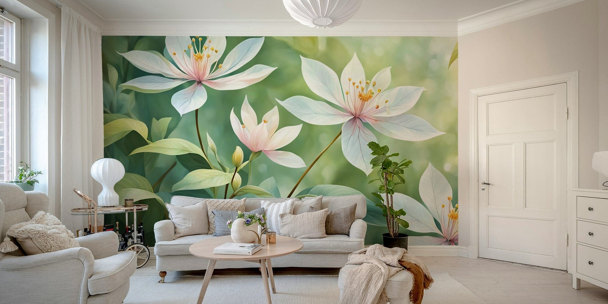 An angled shot of the mural's gentle color palette.