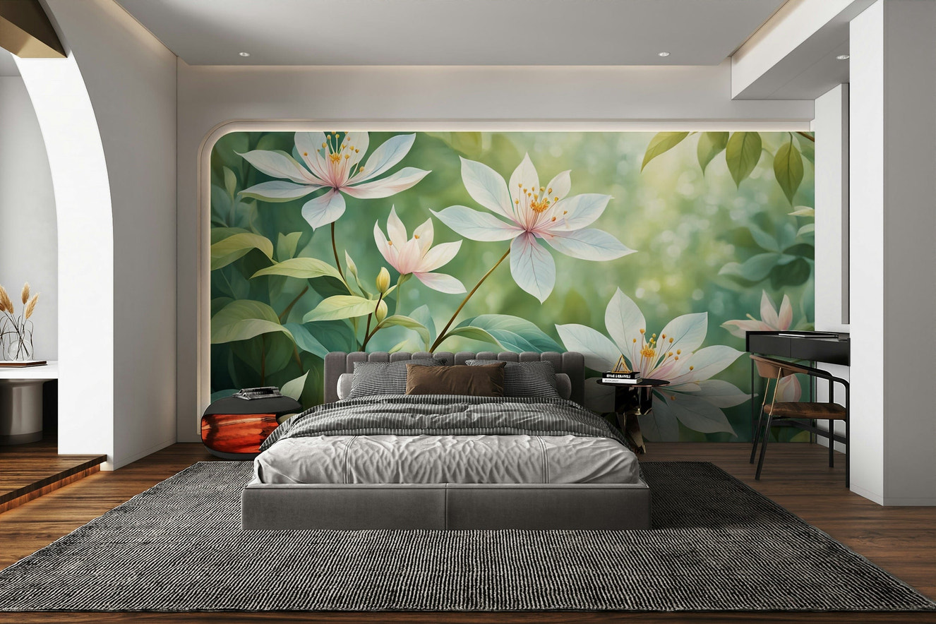 A living room featuring the floral serenity wall mural.