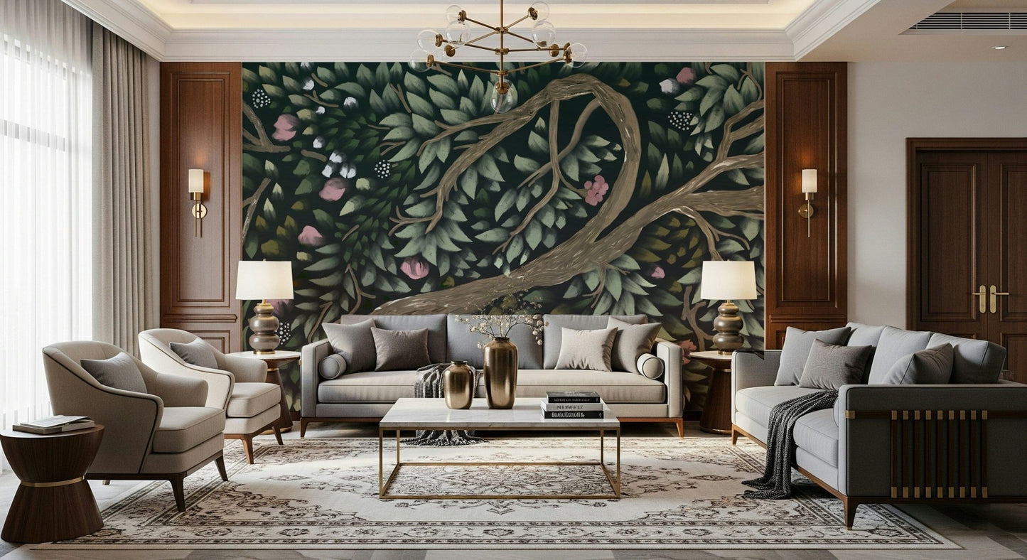 Floral Canopy Dream wallpaper features thick painted branches and leaves.