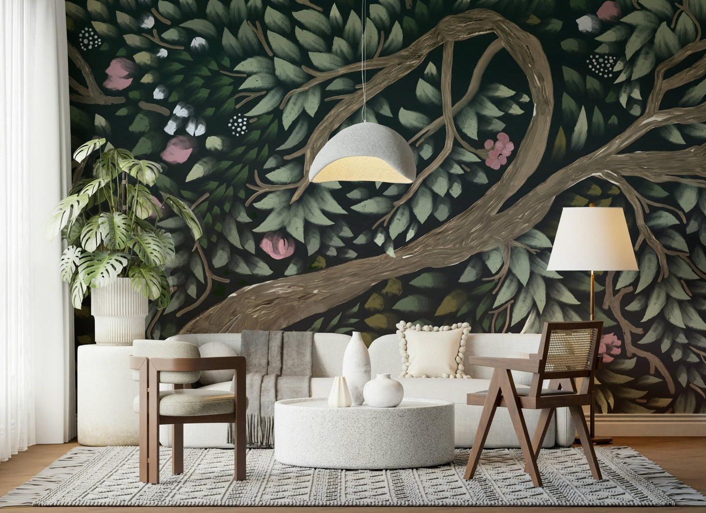 Pink blossoms peek through Floral Canopy Dream dense foliage wallpaper.