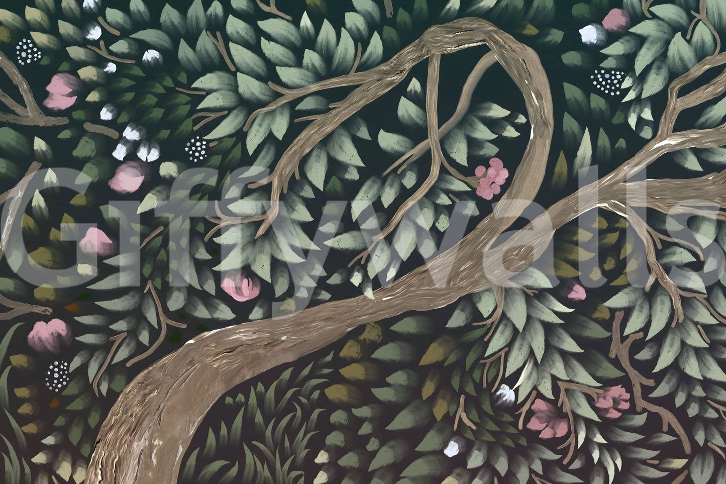 Intricate Floral Canopy Dream mural depicts stylized wilderness and blooms.
