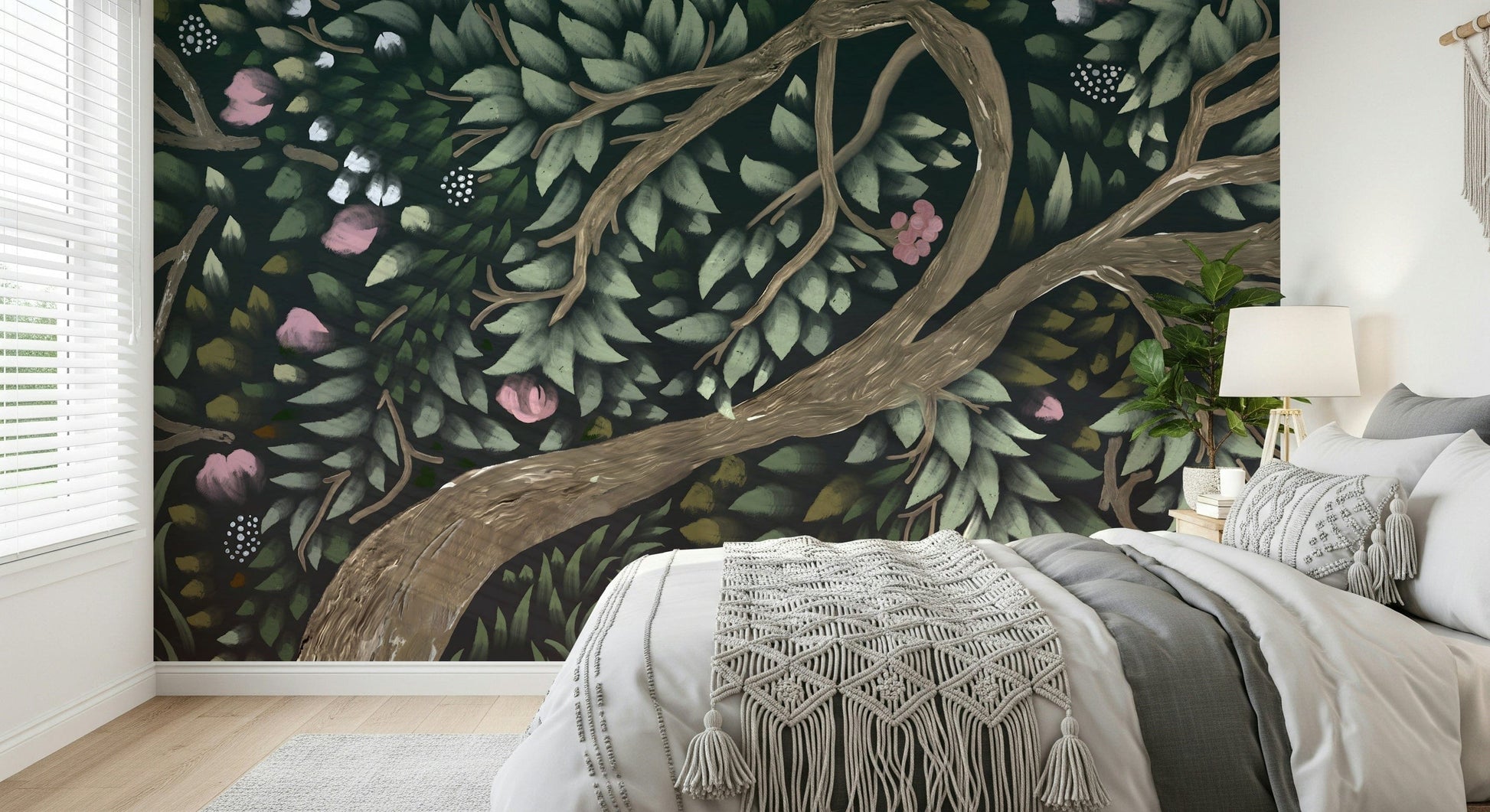 Floral Canopy Dream mural displays artistic brushstrokes on navy background.