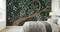 Floral Canopy Dream mural displays artistic brushstrokes on navy background.
