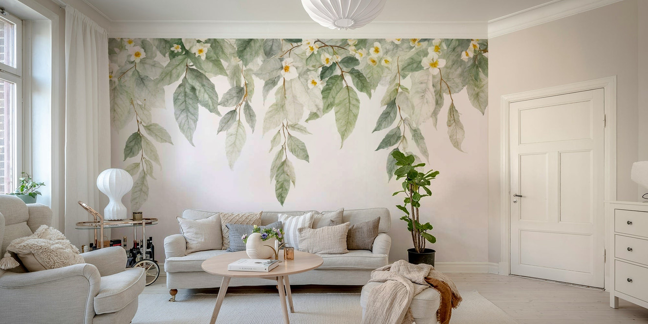 The image shows an artistic impression of a serene floral scene with a cascade of flowers.

