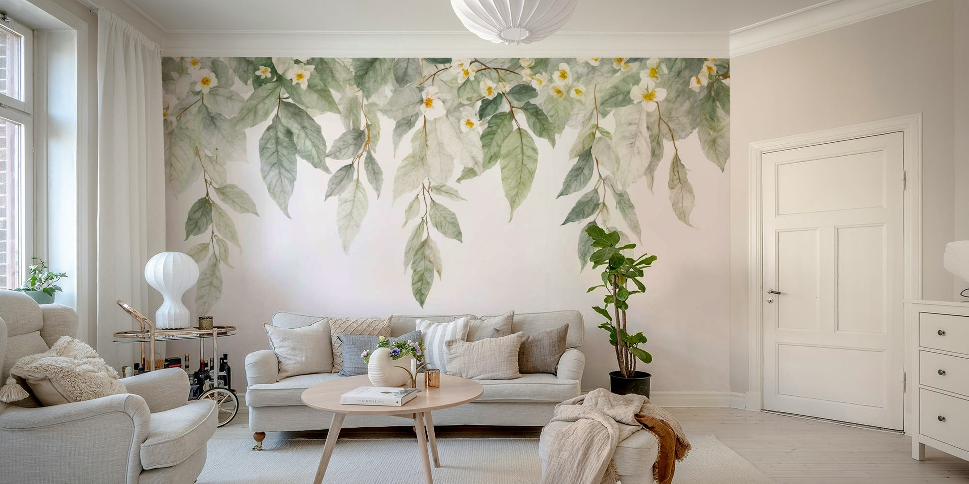 The image shows an artistic impression of a serene floral scene with a cascade of flowers.

