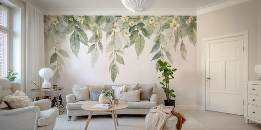 The image shows an artistic impression of a serene floral scene with a cascade of flowers.

