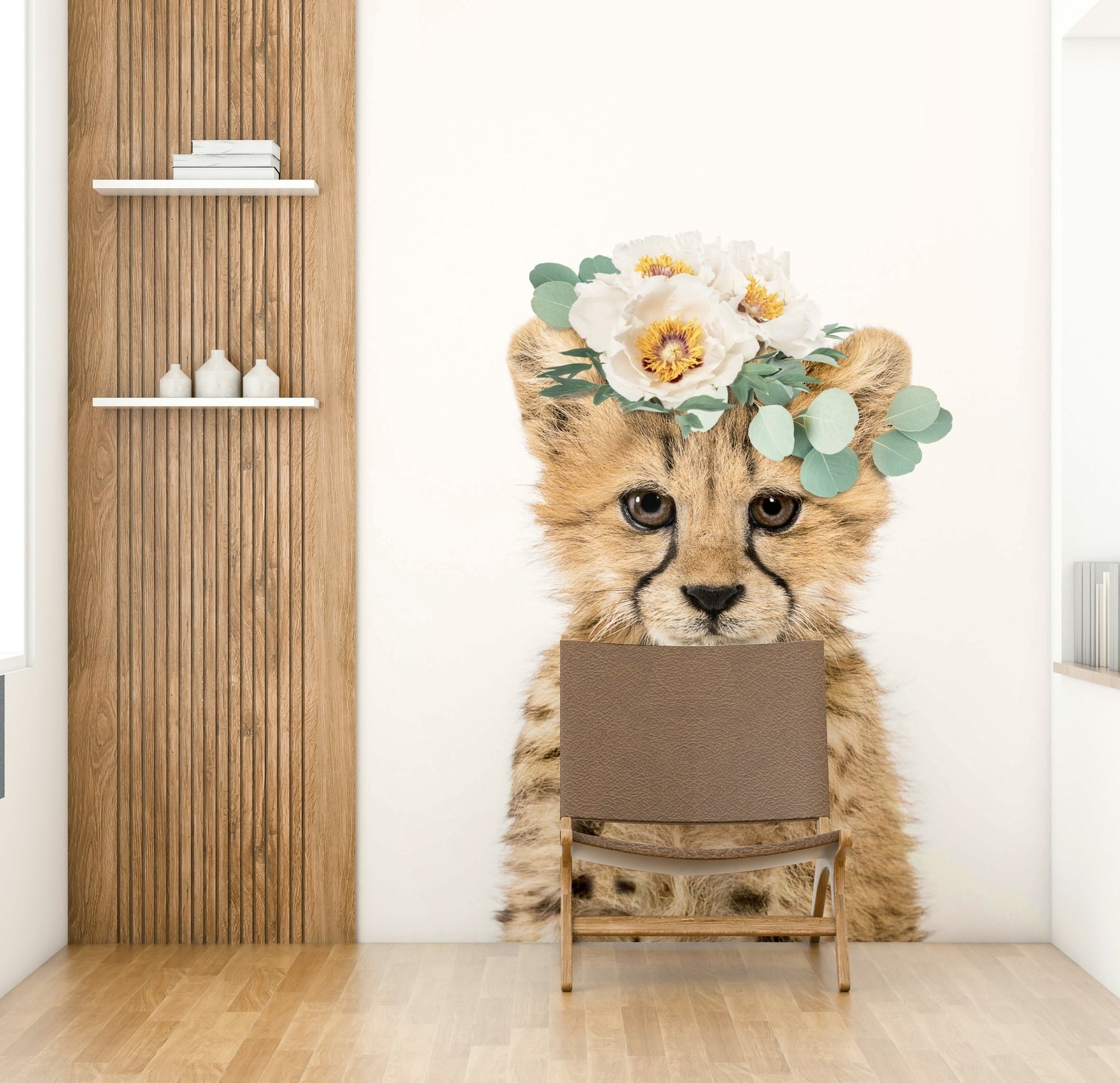 Cute floral cheetah cub mural with soft floral designs

