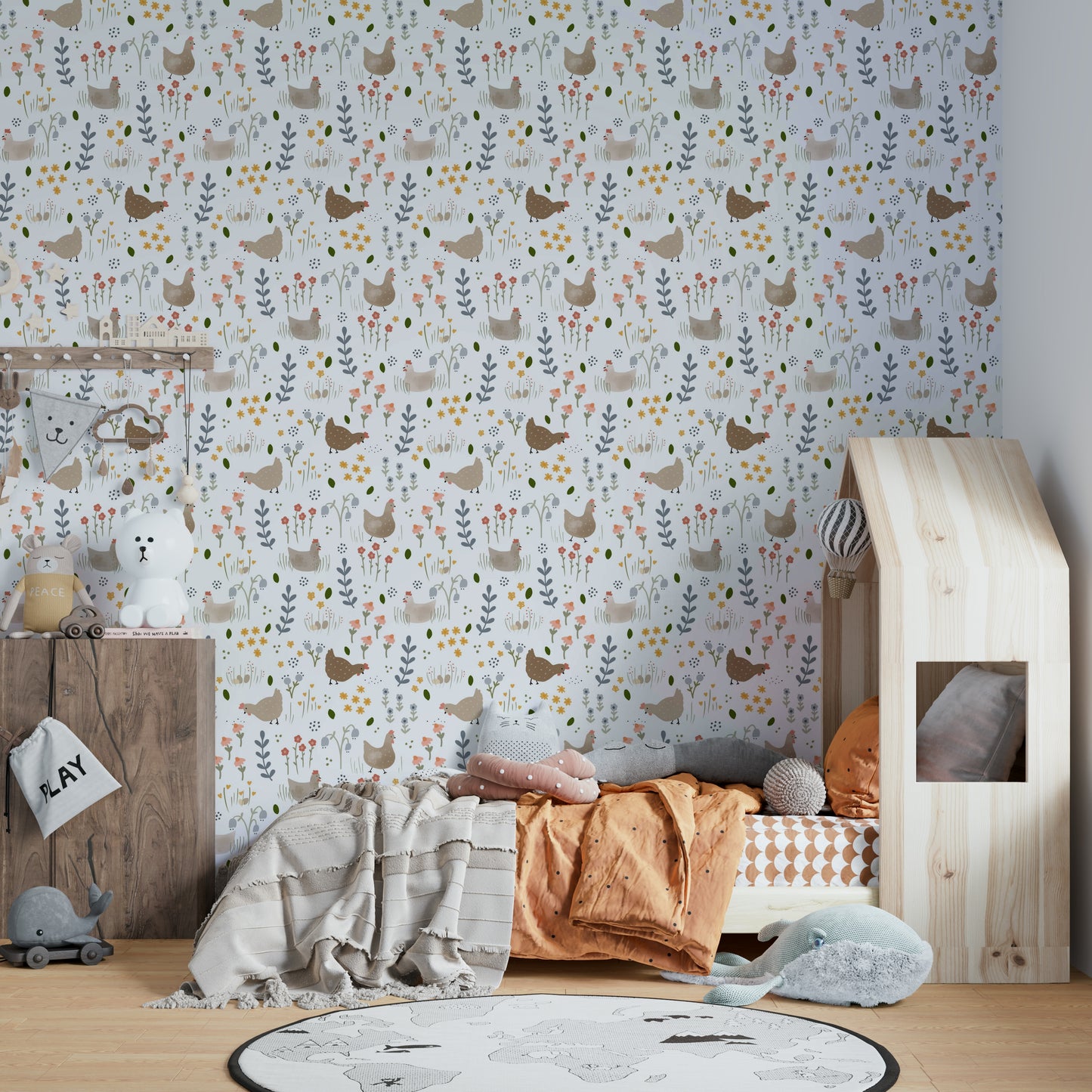 Hand-drawn hens floral wallpaper for walls


