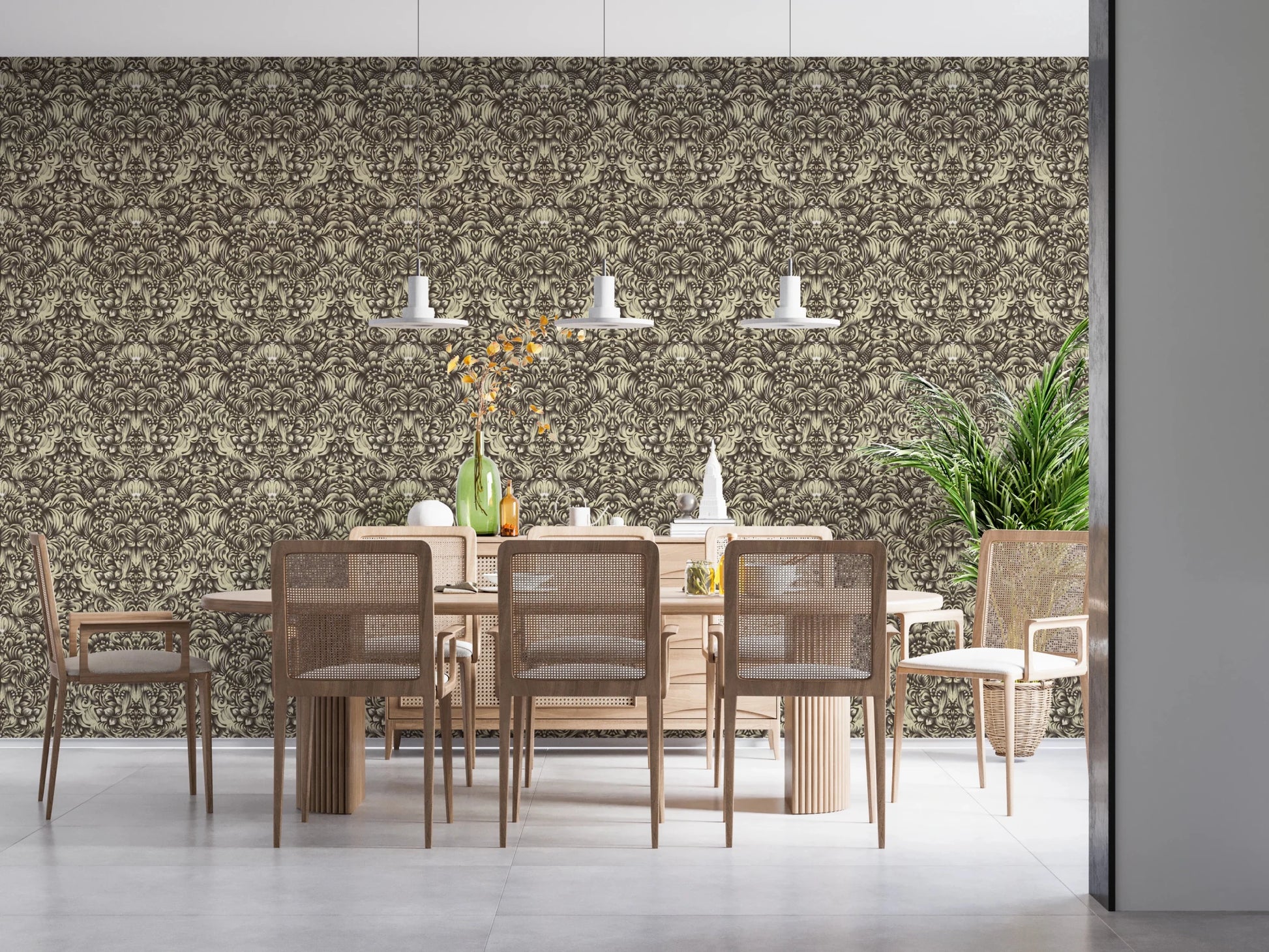 Floral Damask Cream Decorative Bloom Wallpaper⁠