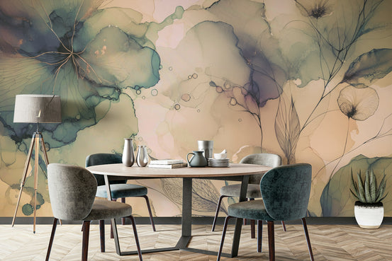 Soft pink floral wall decor for a bright living room.