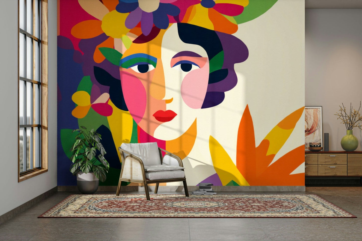 Feminine strength mural with botanical accents

