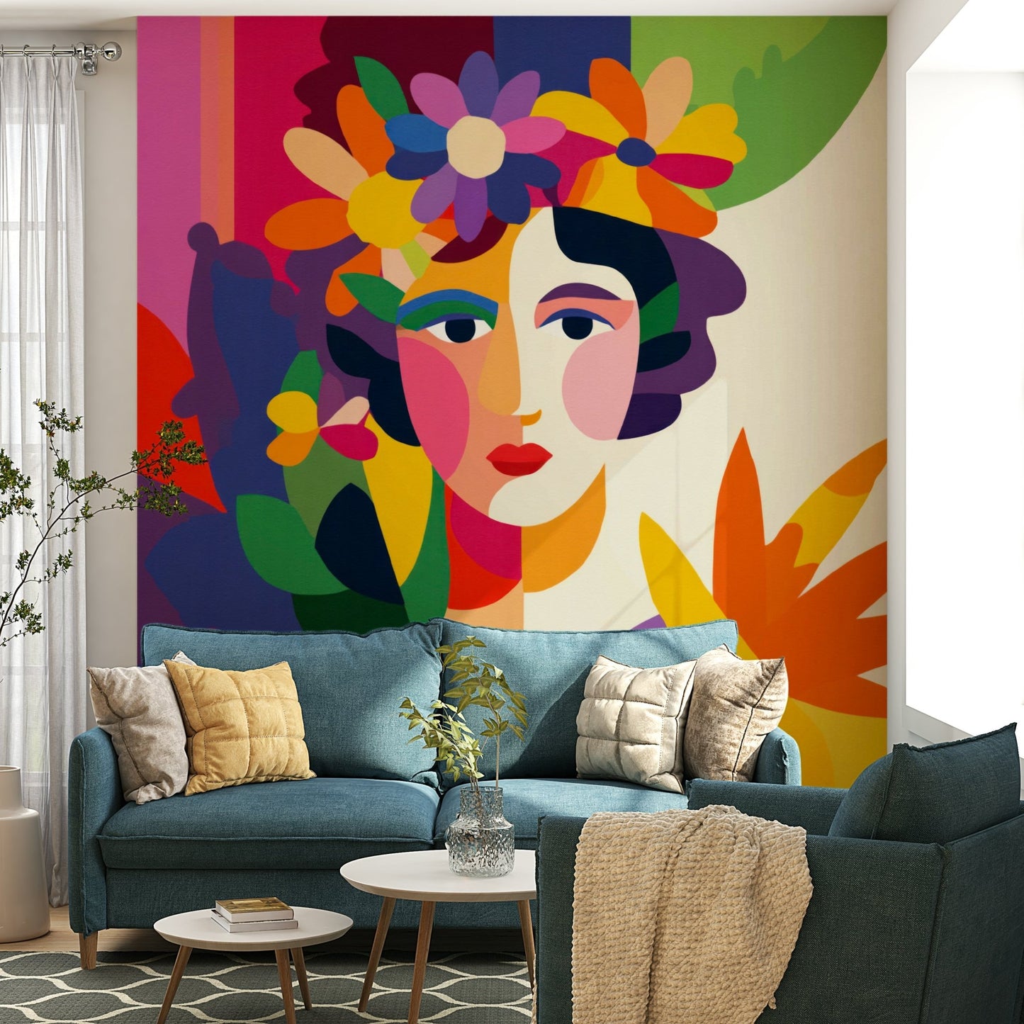 Bold and vibrant mural of woman with floral motifs

