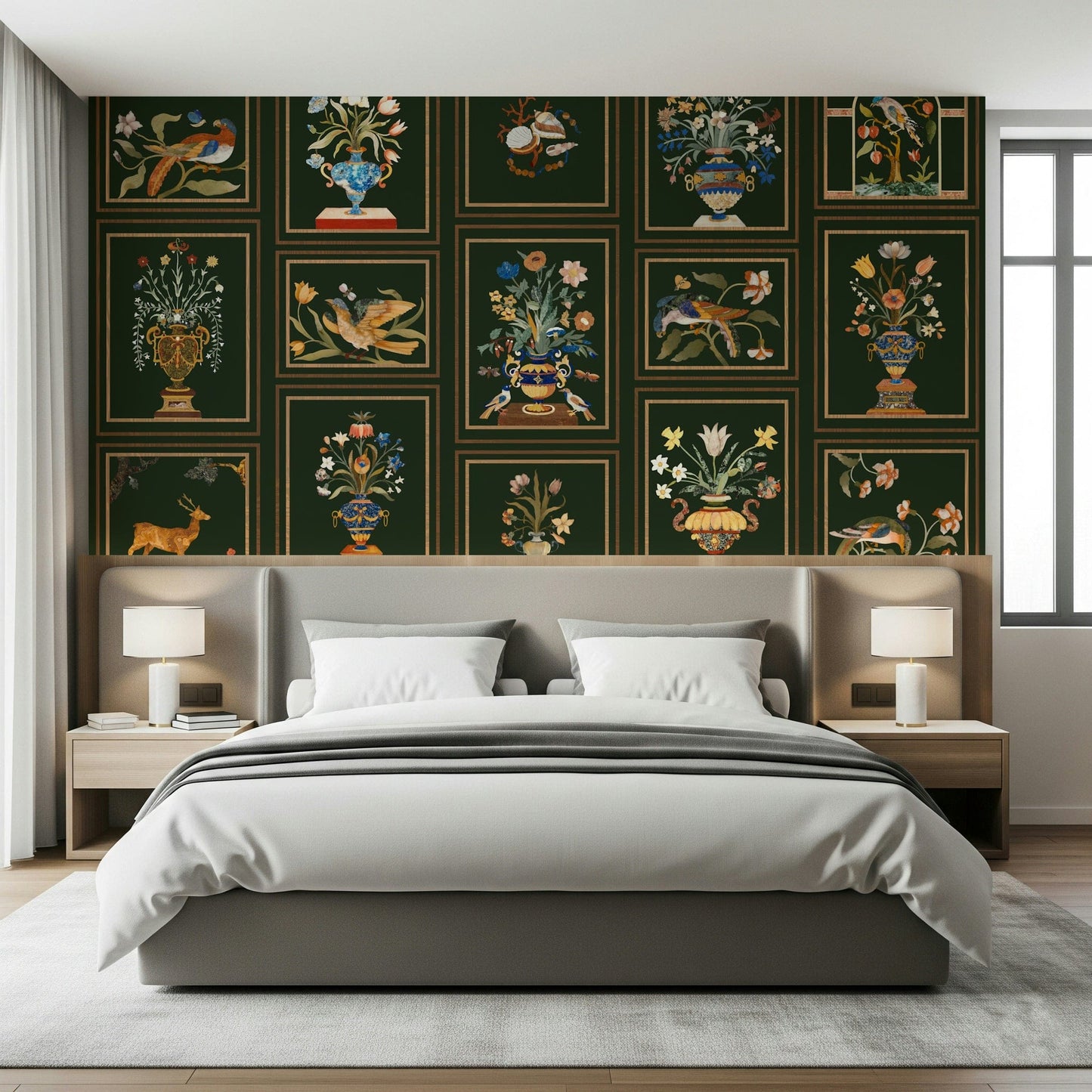 Floral & Fauna Panels Wall Mural in living space, panel-style nature home styling