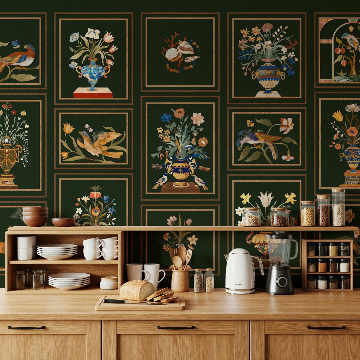 Bedroom feature wall with floral panel mural, calm colours and clean layout