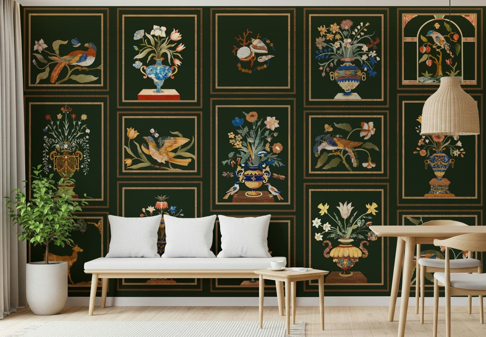 Home office wall with floral and fauna panels, structured design for modern home styling