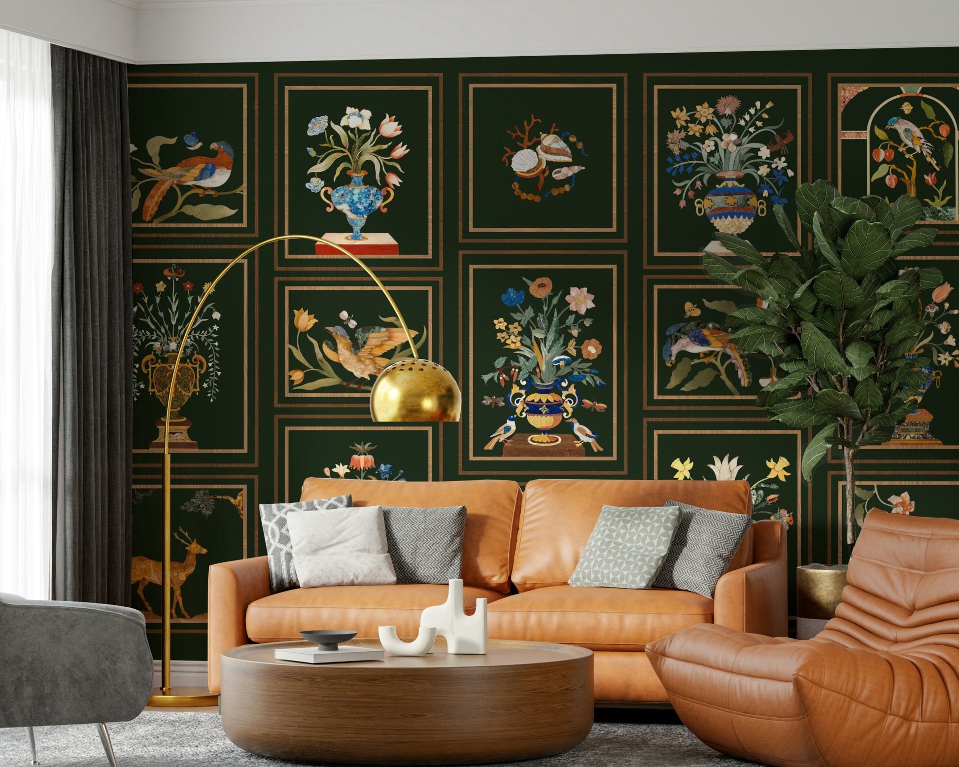 Reception wall with Floral & Fauna Panels wallpaper, modern home styling and panel design