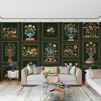 Entryway feature wall with panel wallpaper, neat sections and floral detail