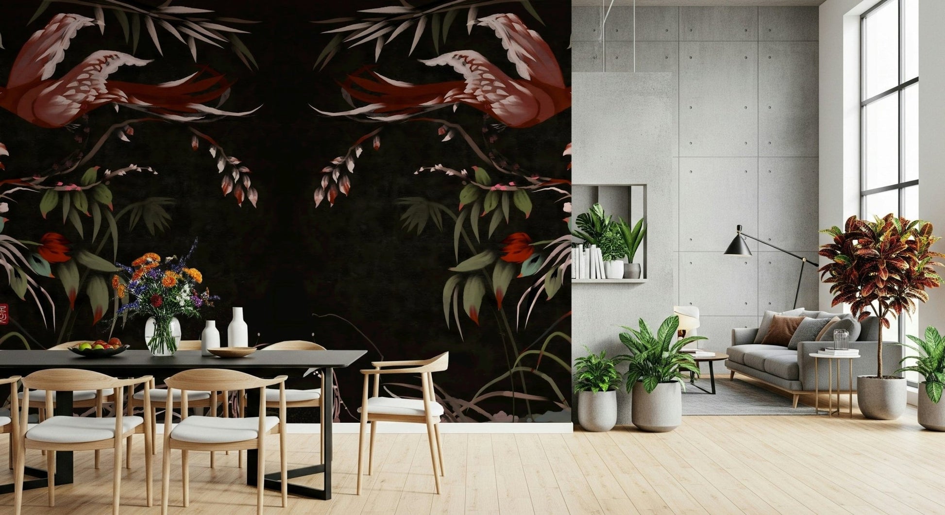Traditional Korean-inspired mural with blooming flowers and soaring birds for timeless elegance.