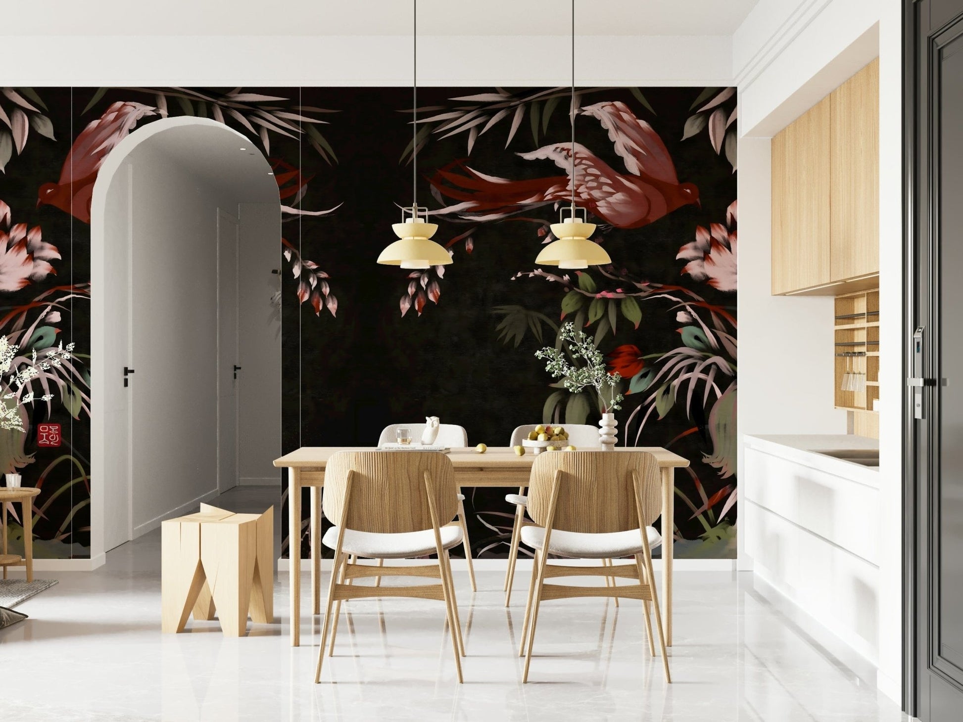 Elegant mural showcasing hand-painted floral patterns and bird illustrations in Joseon art style.