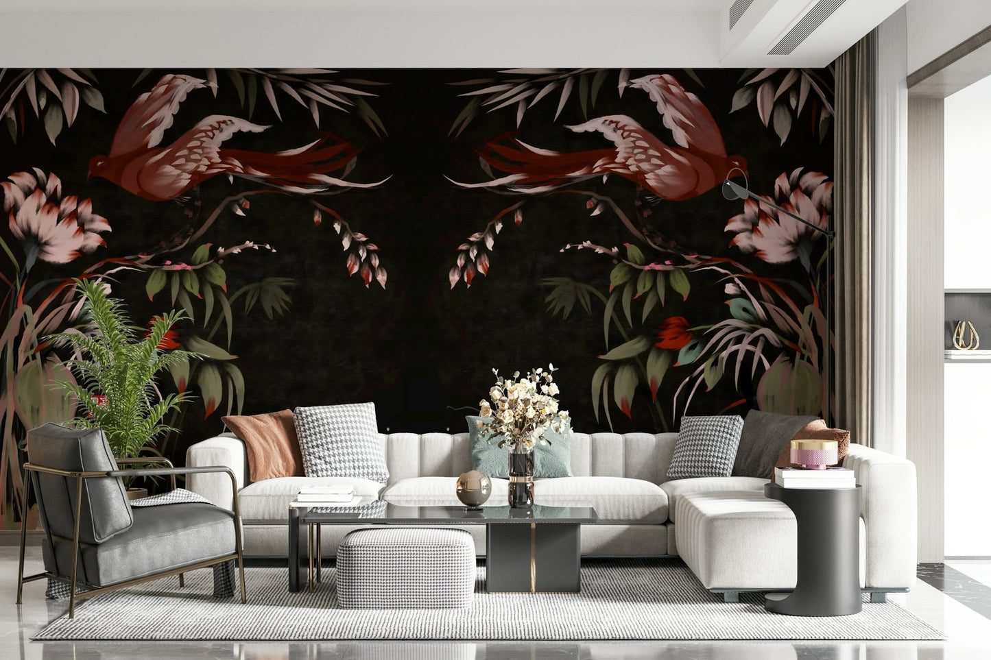 Joseon-style wall mural combining floral artistry and symbolic bird motifs for refined interiors.